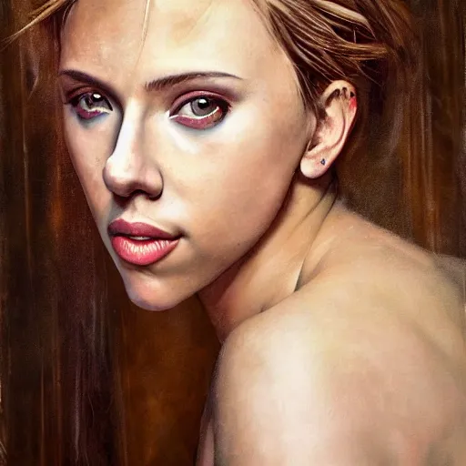 Prompt: hyper realistic candid portrait mixed media painting of beautiful Scarlett Johansson as a greek goddess, hyper detailed, realistic eyes, cinematic lighting, masterpiece