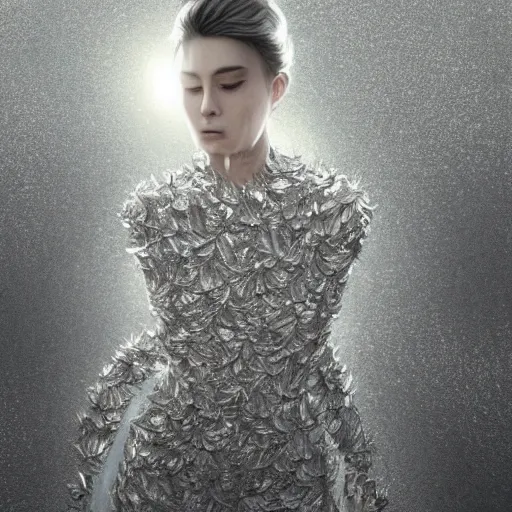 Prompt: a highly detailed digital image of an elegant woman surrounded and engulfed in silver leaves, matte background, artstation, detailed woman, stunning volumetric lighting, elegant, fantasy, 4k,