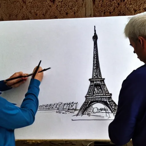 Prompt: a french guy drawing a picture of eiffle tower 8 k