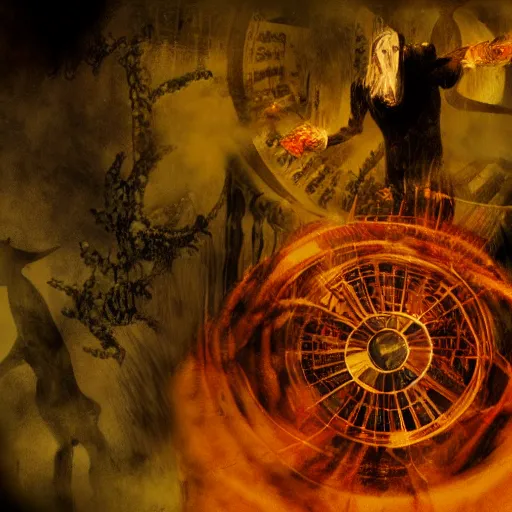 Prompt: The Devil's Hellfire burns hot as I spin on the wheel of karma, by Dave McKean, no borders, high quality, 8k, trending on Artstation, surreal