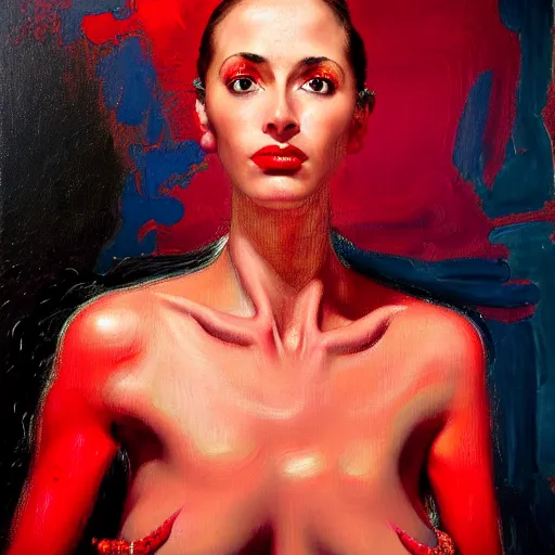 Prompt: Oil painting expressionist Portrait of a female with vibrant red and pink background, actress, defined upper body, orientalist portrait of female sage, fantasy, face, intricate, elegant, highly detailed, oil painting, artstation, concept art, smooth, sharp focus, illustration, art by Heady Tale and Francis Bacon and Artem Demura and Norman Rockwell. Jamie Hewlett, Ralph Steadman