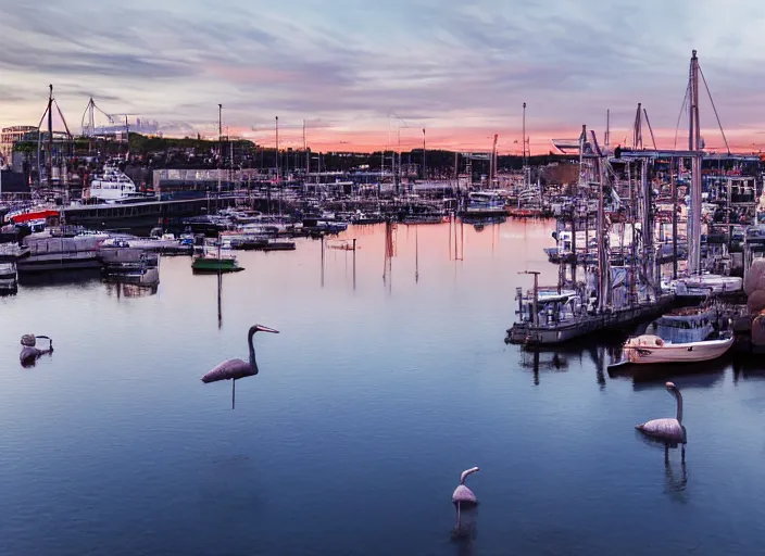 Image similar to photograph of the harbour with its cranes of gothenburg sweden, sun setting, landscape photography, award winning, canon, soft lighting, sony, nikon, 4 k, hd