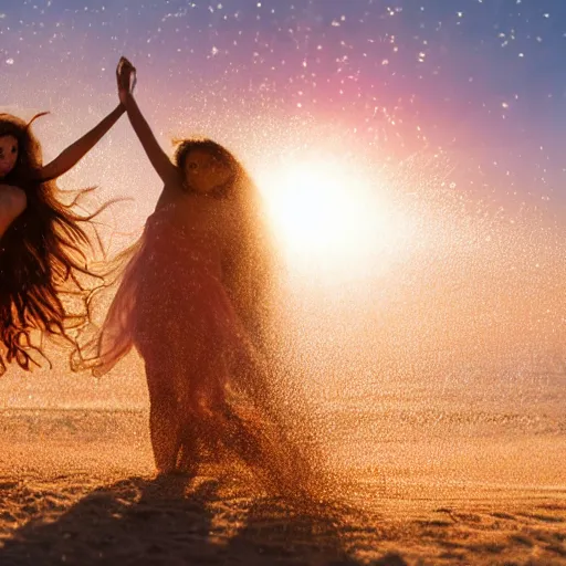 Prompt: filmstill photography of two female body sulhouettes covered with curly white translucent blanket blowing in wind, acrylic liquid colors, luxurious supermodel photoshooting, golden jewelry, bokeh, godrays, strong wind, wrinkles, sunrays, sunset, lens flares, cold colors, sand dunes