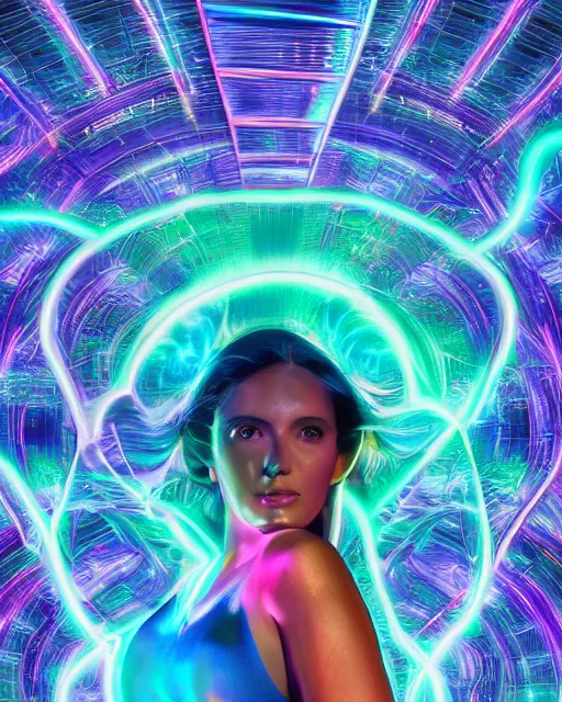 Image similar to a powerful energy psychedelic matrix latin woman, by alexander fedosav, hyper detailed digital matte painting, concept art, hyperrealism, 1 6 k resolution, cinema 4 d, 8 k resolution, trending on artstation, behance hd, a masterpiece, by stephan martiniere, particles, cel - shaded, power bright neon energy, by david a. hardy