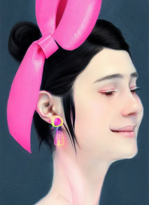 Image similar to portrait of teenage girl, realistic, black hair, bangs, half updo hairstyle, pointy nose, skinny, smile, ugly, defined jawline, big chin, pink hair bow, earrings, intricate, elegant, glowing lights, highly detailed, digital painting, artstation, sharp focus, illustration, art by wlop, mars ravelo and greg rutkowski