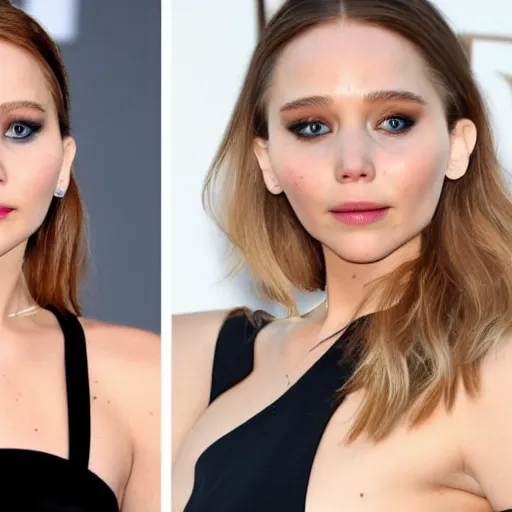 Image similar to a woman who is a genetic combination of jennifer lawrence and elizabeth olsen face and upper - body focus