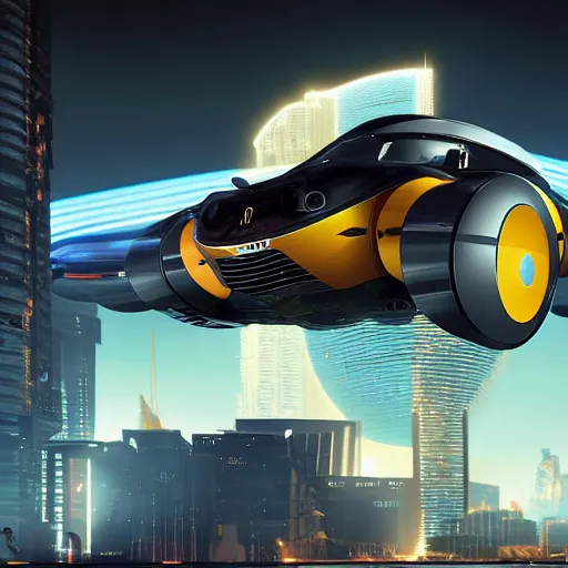 Image similar to octane render of new cyberpunk flying hover version of Renault sandero from 2077 in the city of future by syd mead