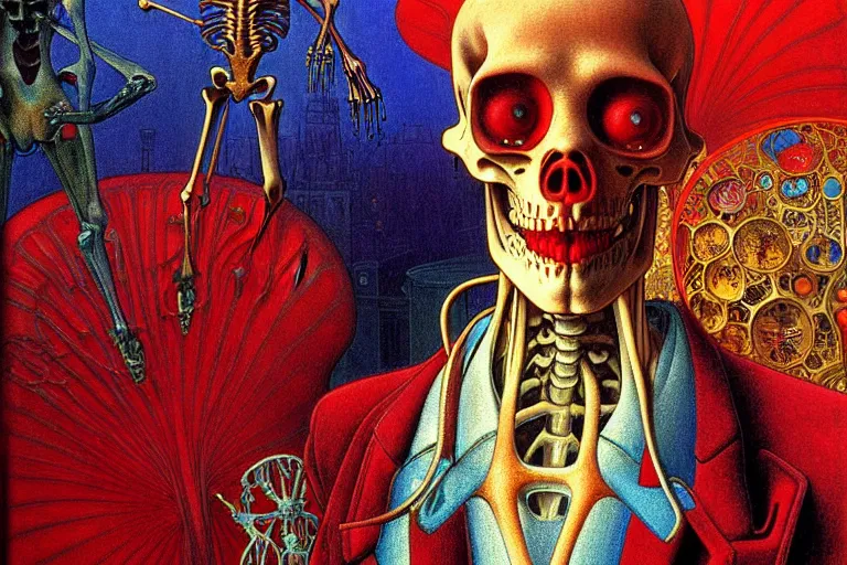 Image similar to realistic detailed closeup portrait painting of a single skeleton wearing red velvet blazer in a crowded futuristic moscow street by Jean Delville, Amano, Yves Tanguy, Alphonse Mucha, Ernst Haeckel, Edward Robert Hughes, Roger Dean, rich moody colours, blue eyes