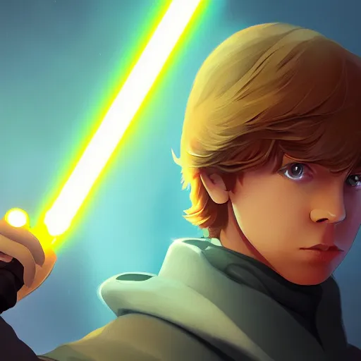 Image similar to George Lucas as Luke Skywalker, ambient lighting, 4k, anime key visual, lois van baarle, ilya kuvshinov, rossdraws, artstation