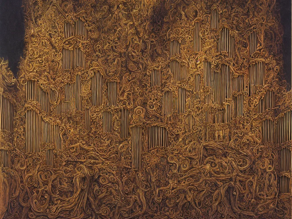 Prompt: an organic church organ, highly detailed, painted by Zdzisław Beksiński,