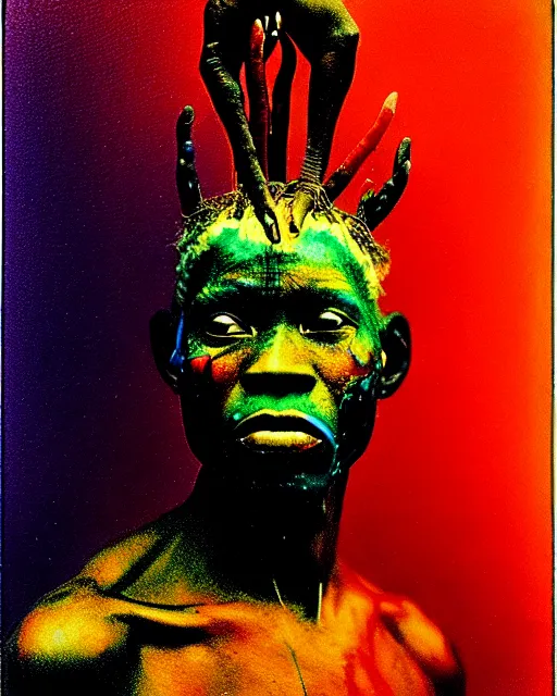 Prompt: a colorful chromatic abberation, 9 0 s toy commercial, double exposure photo from the 7 0 s, polaroid painting portrait of a african tribal warrior, by zdzislaw beksinski, by ernst haeckel