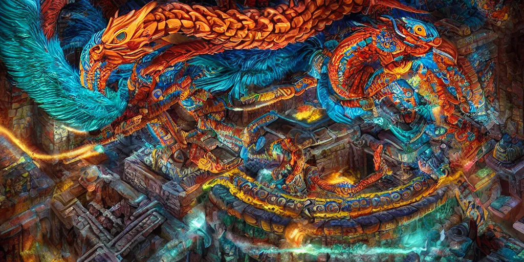 Image similar to Quetzalcoatl  the feathered serpent deity hovering above a giant mayan temple by Liam Wong and Boris Vallejo, stone carving, colorful, glyphs, rocket, wall of a tomb, highly details, realistic, cinematic lightning, medium shot, mid-shot, highly detailed, trending on artstation, Unreal Engine 4k