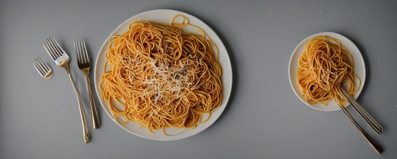 Image similar to one single bowl of spaghetti, beautifully garnished on a kitchen table, minimal, sharply focused, canon 5 0 mm, wes anderson film, kodachrome