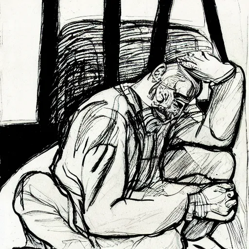 Prompt: the meager headache 1 9 6 9, pen and ink, ben shahn, masterpiece, illustration for the new yorker, black and white, brush