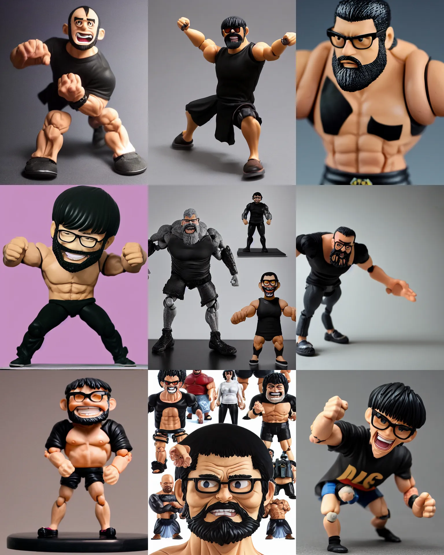 Prompt: plastic action figure of a buff smiling man with long stubble beard, muscular neck, rectangular shaped glasses and a black bowl cut, wearing a black tshirt, doing push ups, dramatic light, blur, out - of - focus background, by kim jung gi, ric estrada, ron english and eiichiro oda