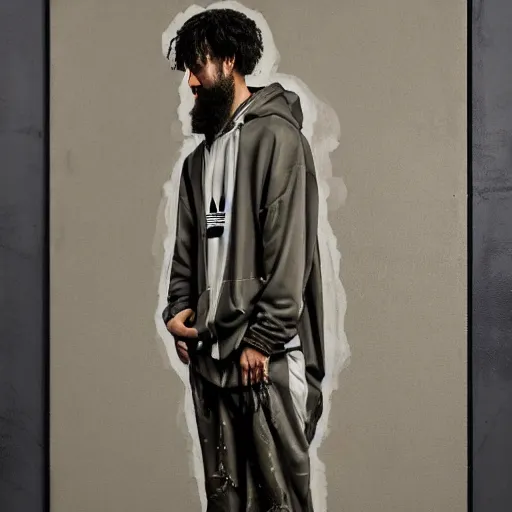 Image similar to a full body portrait of modern day jesus wearing jerry lorenzo streetwear hoodie and pants by nicola samori, oil painting, smudges, realistic, 8 k, adidas sneakers style