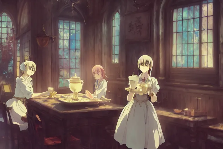 Prompt: anime key visual concept art of anime maid pouring tea gracefully, medieval european style noble manor interior, trending on artstation, brush strokes, oil on canvas, style of kawacy and makoto shinkai and greg rutkowski and studio ghibli