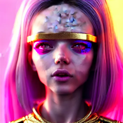 Image similar to hyperdetailed portrait of a stunningly beautiful pink cyberpunk cute european girl made of metals and shiny iridescent gems, bright rainbow nimbus, gold necklace, smoke background inspired by ross tran and masamune shirow and kuvshinov, intricate, photorealistic, octane render, rtx, hdr, unreal engine, dnd digital art by artgerm