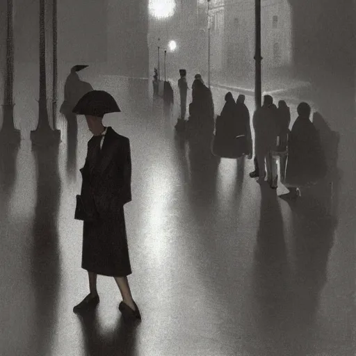 Image similar to a some people waiting in a lone bus stop in quiet dark city night of 1950 Rome while it is raining, by George Tooker, moody, sinister, lighting, hyperrealistic, high quality, high resolution,detailed