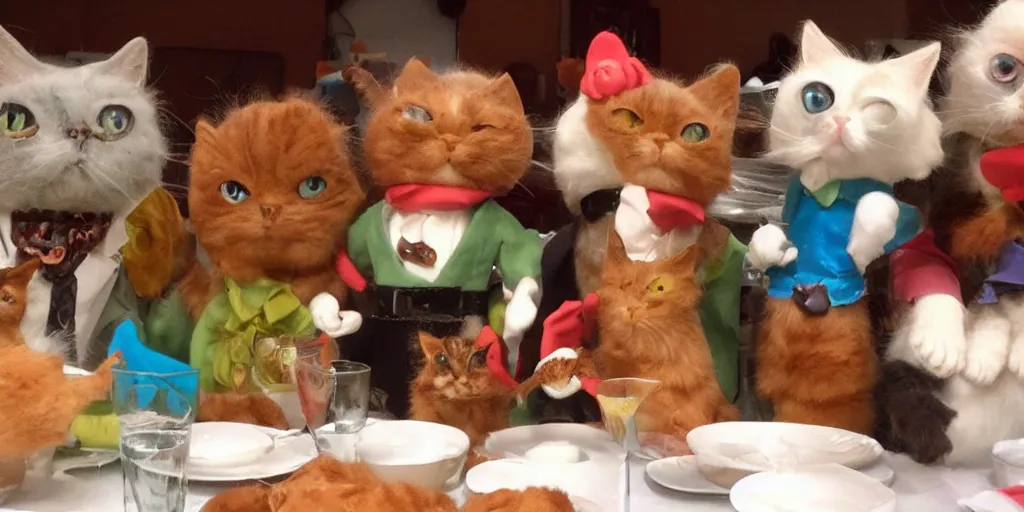 Image similar to claymation cats dressed fancy eating a delicious meal wiith the company of good friends