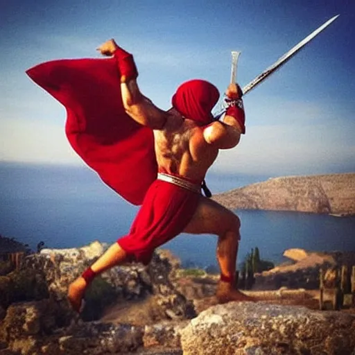 Prompt: “Spartans in battle uniform jumping on trampoline red robe and cape swinging spear swords shied Greece hercules”
