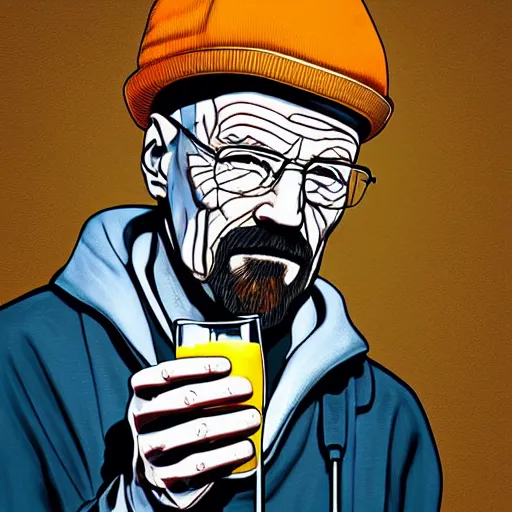 Image similar to portrait of walter white drinking orange juice, digital art, highly detailed and intricate, realistic and 8 k