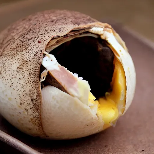 Image similar to a turducken coming out of an egg - shell, ready to eat, steaming hot, peaking through the broken egg shell as a newborn turducken would