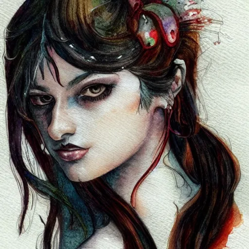 Prompt: watercolor art on paper, scorpio girl portrait gothic, highly detailed, artstation, masterpiece, award - winning