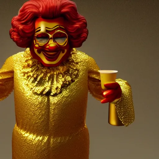 Image similar to A still of Ronald McDonald surrounded by gold and diamonds, Award-winning, photograph, 3d render, unreal engine, 4k detailed