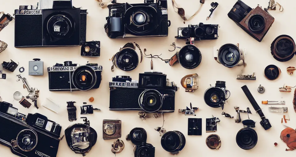 Image similar to a knolling of vintage cameras, overhead view, flatlay