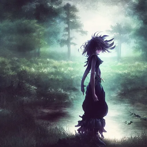 Image similar to goth woman in a moonlight view, in a forest, a river, tankoban, 4 k, tone mapping, akihiko yoshida, james jean andrei riabovitchev marc simonetti, yoshitaka amano, long hair, curly, h. hydrochaeri