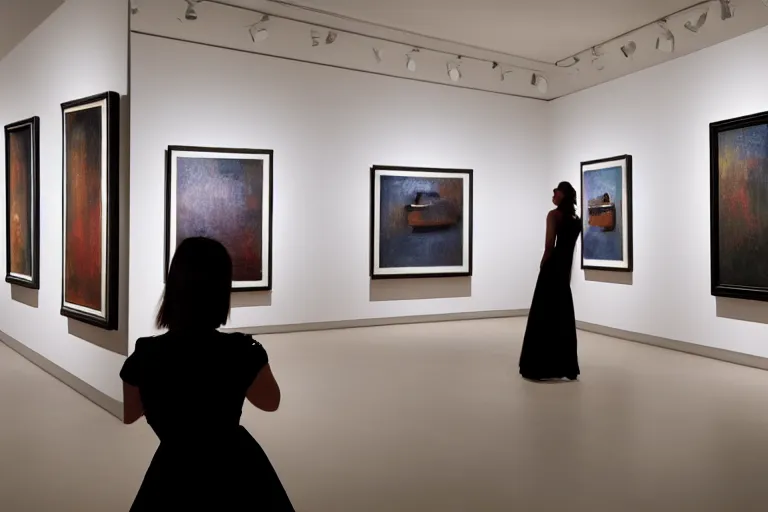 Image similar to a gorgeous woman with a black dress waiting inside a 9 0 s art gallery exhibition, colors americana, cinematic, volumetric lighting, ultra wide angle view, realistic, detailed painting in the style of edward hopper