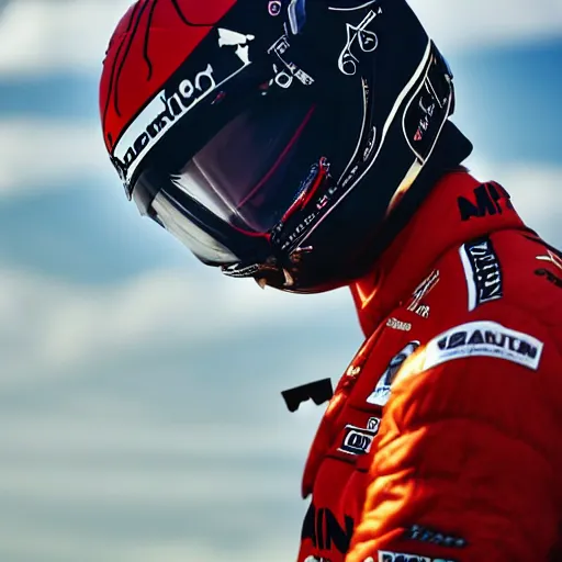 Image similar to close up of max verstappen wearing mercedes amg overall, dramatic shot, great photography, ambient light, l