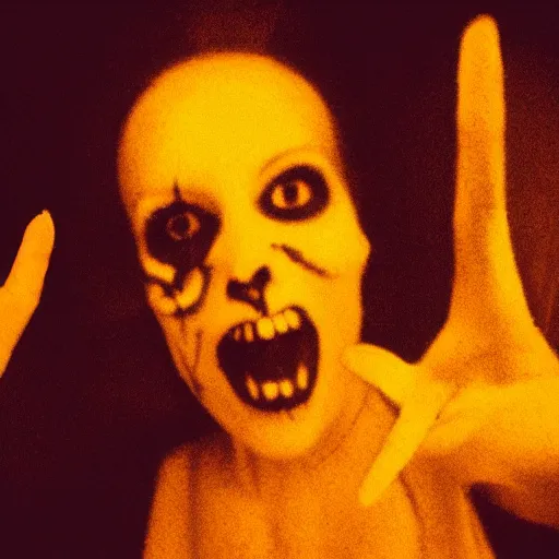 Image similar to A selfie of a woman in a dark room, with a spooky filter applied, with a figure in the background, reaching out towards the camera, in a Halloween style.