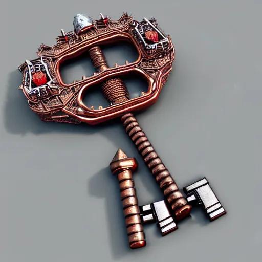 Prompt: a 3d game object of the metal key for the cage that has shape of the dragon and large red diamond in it, it is very detailed, on the white background, rpg game inventory item