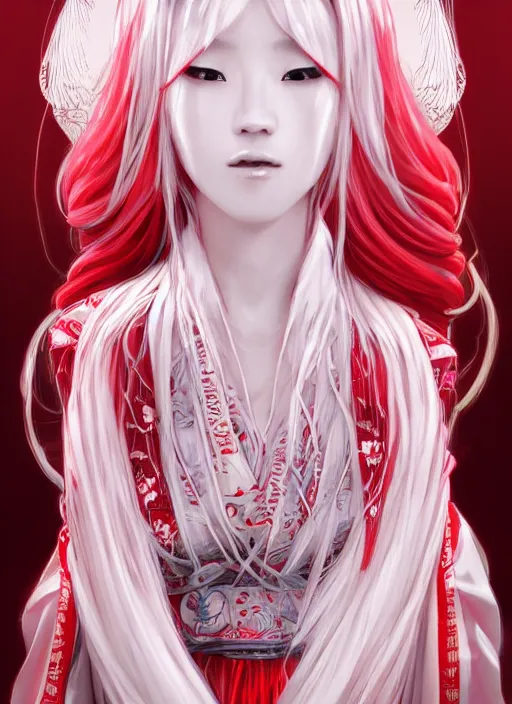 Prompt: albino maiko with very long kawaii hair, fluent composition, red and white neon, concept art, ambient light, 4 k, intricate details, highly professionally detailed, cgsociety, highly detailed -