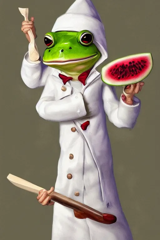 Image similar to cute anthropomorphic frog wearing a white butcher coat with a white butcher hat and holding a cleaver, cutting a wipe red watermelon, tiny, small, miniature frog, baby animal, short, pale blue armor, cute and adorable, pretty, beautiful, DnD character art portrait, matte fantasy painting, cgsociety Artstation, by Jason Felix by Steve Argyle by Tyler Jacobson by Peter Mohrbacher, cinematic lighting