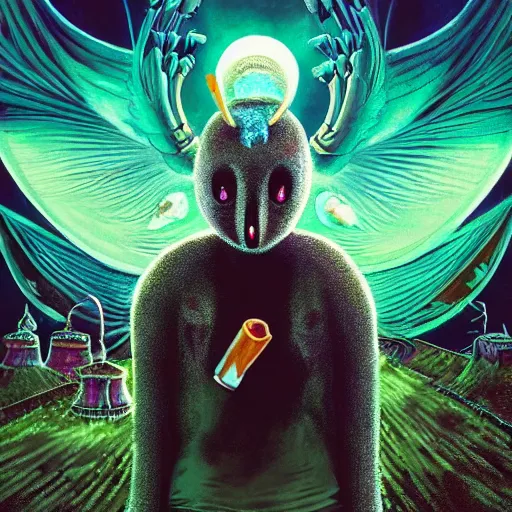 Image similar to 8K Portrait of centered chest up of a psychedelic godlike mothman with giant mandala wings smoking a hand-rolled cigarette smoking heavily , magic mushroom village in background , post-processing , award winning. superb resolution. in the art style of junji Ito and greg rutkowski . Detailed Mushroom city in background. Hyper realistic anime. Perfect art. Dalle2