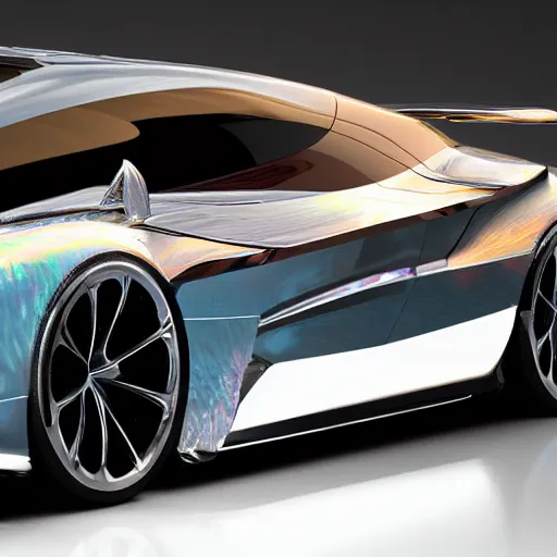 Prompt: concept car with wings and iridescent paint, octane, grandure, highly detailed, reflective marble floor
