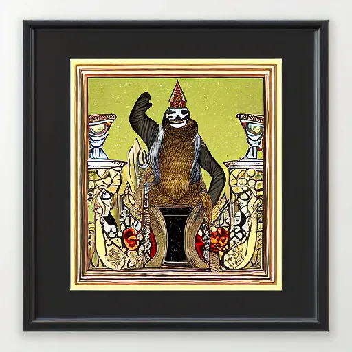 Prompt: sloth as the king of cups, framed, intricate details, medieval art style, posterized