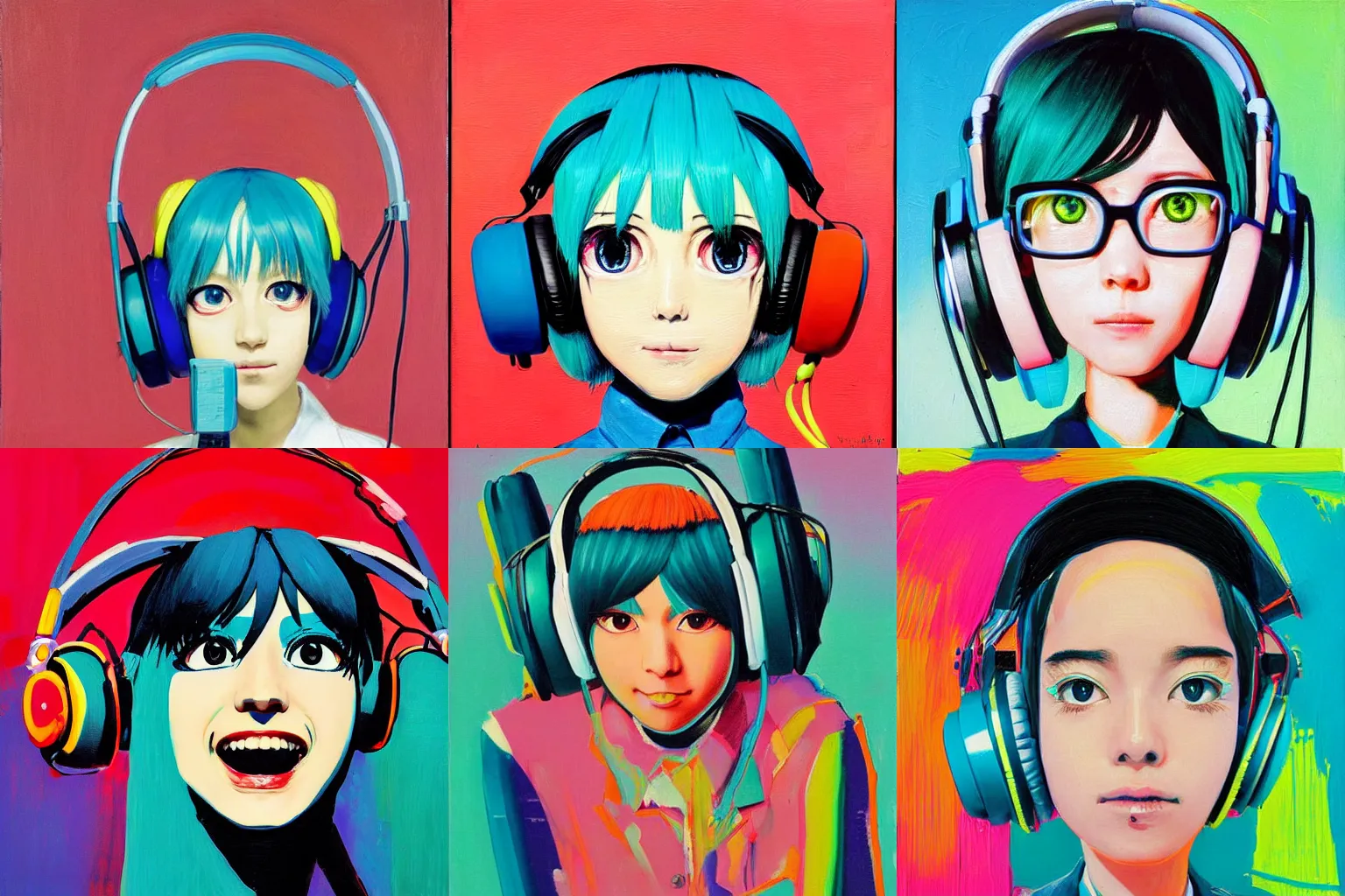 Prompt: a portrait of a serious Hatsune miku with Operator Headphones by Wayne Thiebaud, painting by Wayne Thiebaud, heavy pigment, colourful, heavy impasto technique, anime style, big eyes, space age pop
