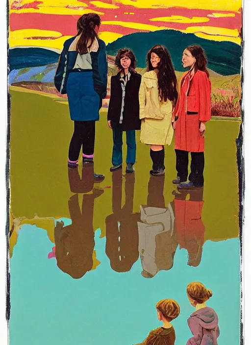 Image similar to composition by justine kurland, a portrait of a group of girls dressed in colorful jackets in a scenic representation of mother nature and the meaning of life by billy childish, thick visible brush strokes, shadowy landscape painting in the background by beal gifford, vintage postcard illustration, minimalist cover art by mitchell hooks