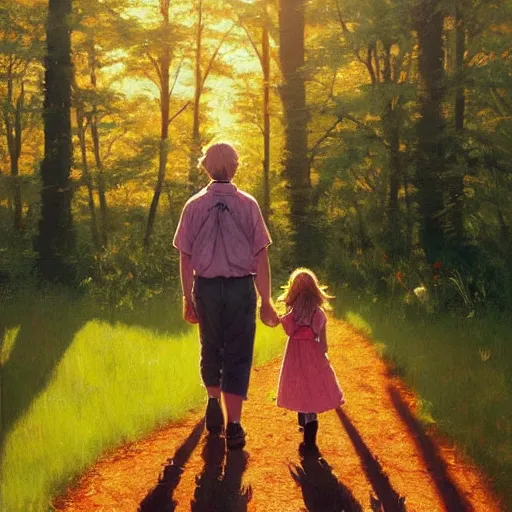 Image similar to A painting of a father and daughter walking through a beautiful forest holding hands, brunette hair, golden hour, art by Kenne Gregoire and Krenz Cushart, Norman Rockwell trending on artstation