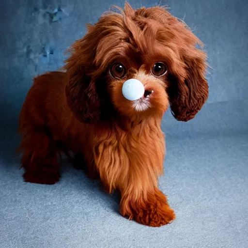 Prompt: brown cavoodle with an egg on its head, cinematic photography, trending on artstation,