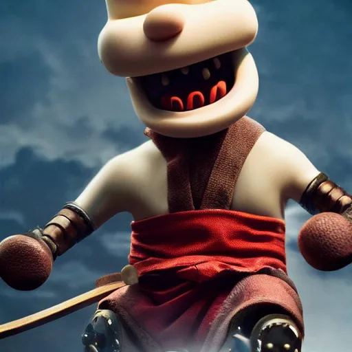 Image similar to scary Godlike masked and helmeted samurai in the style of Wallace and Gromit , award winning , post processing , suspenseful , masterpiece , octane rendered