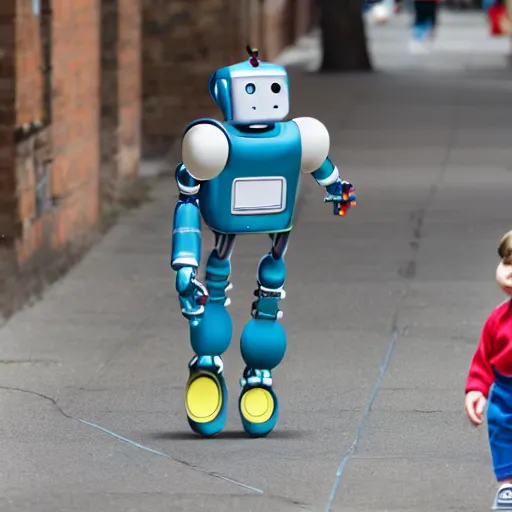 Image similar to in the style of 1960s, A robot is running after kids ,with fully detailed faces, fully detailed , faces in focus ,4k ,HD