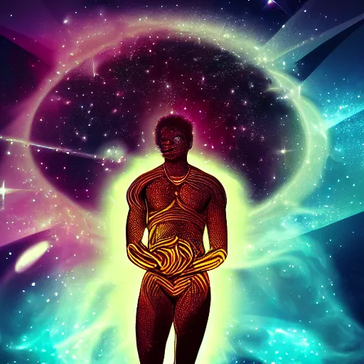 Prompt: The God of Music, ebony body, long glowing hair, space background, digital art, detailed, intricate