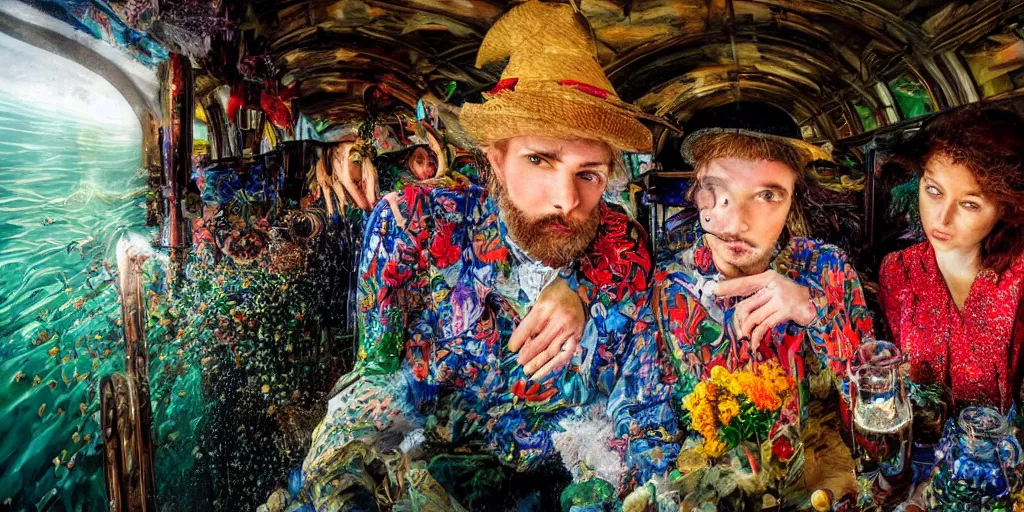 Prompt: detailed colourful masterpiece of photography couple portrait sat down extreme closeup, inside a beautiful underwater train, detailed realistic expressions, wearing unusual clothes, by ford maddox brown