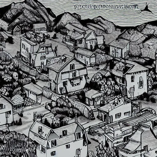 Image similar to medieval suburban neighborhood on the surface of the moon, space plants, illustration, pen and ink, sharp lines, realistic