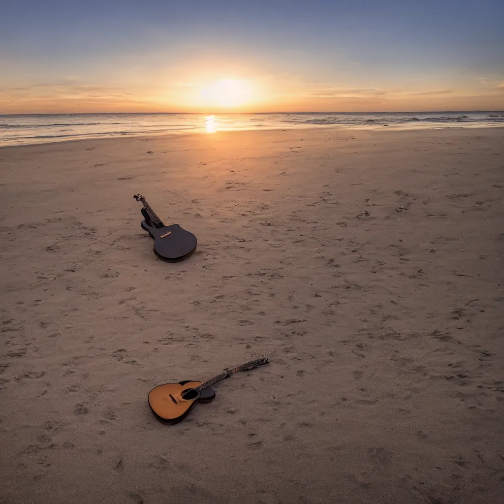 Prompt: a photo of an acoustic guitar on a beach at sunset